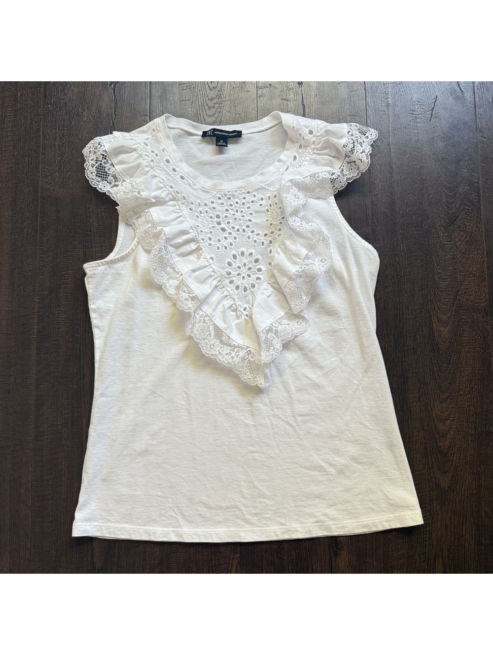 VTG Y2K INC White Eyelet Lace Ruffle Bib Sleeveles Blouse Top Romantic Prairie M